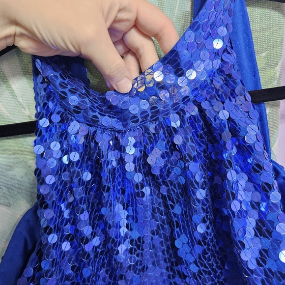 Blue Sequin 90's Vintage Off Shoulder Long Sleeve Mini Dress - Picture 11 of 11